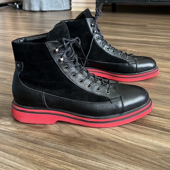 Marc Nolan Aiden Black Leather Combat Boots Red Sole Lace Up Suede Hike Active - Picture 1 of 9